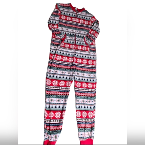 Red multi colored Christmas One Piece Pajama with pockets Size Men Large - Picture 1 of 8